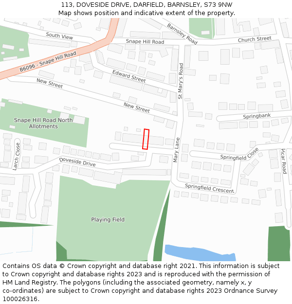 113, DOVESIDE DRIVE, DARFIELD, BARNSLEY, S73 9NW: Location map and indicative extent of plot