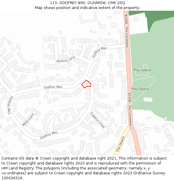 113, GODFREY WAY, DUNMOW, CM6 2SQ: Location map and indicative extent of plot