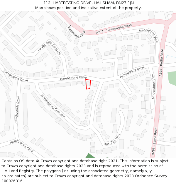113, HAREBEATING DRIVE, HAILSHAM, BN27 1JN: Location map and indicative extent of plot