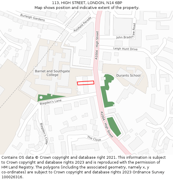 113, HIGH STREET, LONDON, N14 6BP: Location map and indicative extent of plot