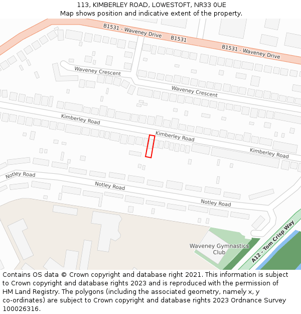 113, KIMBERLEY ROAD, LOWESTOFT, NR33 0UE: Location map and indicative extent of plot