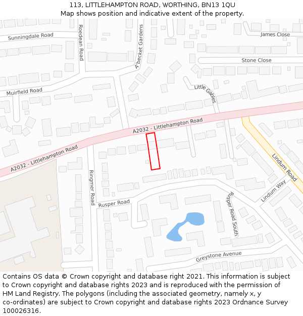 113, LITTLEHAMPTON ROAD, WORTHING, BN13 1QU: Location map and indicative extent of plot