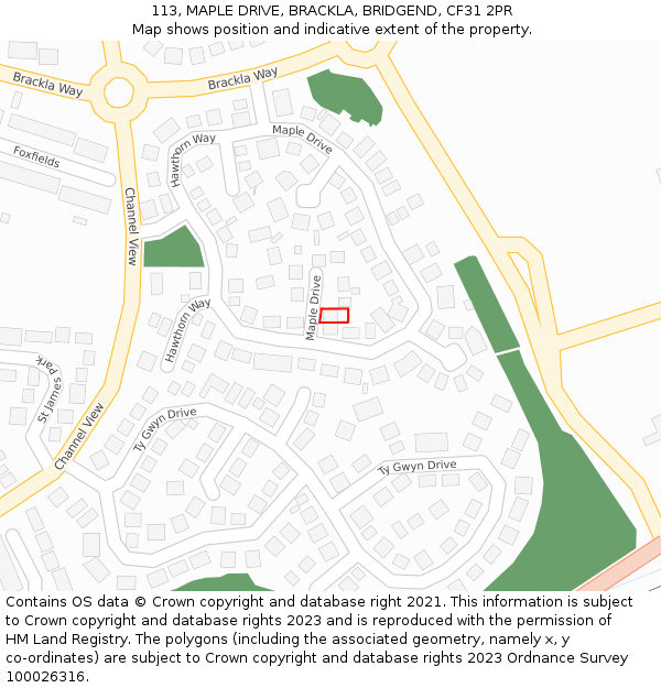 113, MAPLE DRIVE, BRACKLA, BRIDGEND, CF31 2PR: Location map and indicative extent of plot