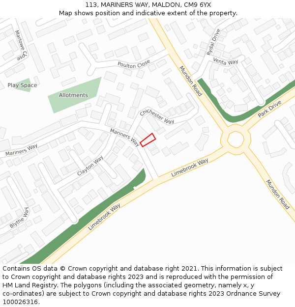 113, MARINERS WAY, MALDON, CM9 6YX: Location map and indicative extent of plot