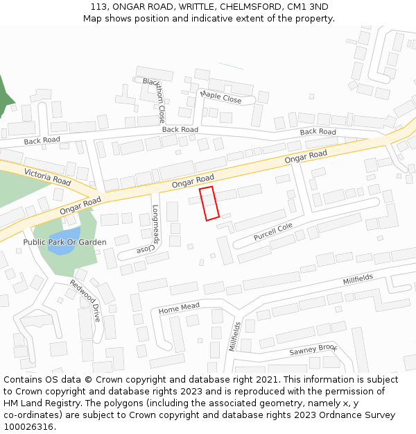 113, ONGAR ROAD, WRITTLE, CHELMSFORD, CM1 3ND: Location map and indicative extent of plot
