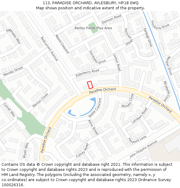 113, PARADISE ORCHARD, AYLESBURY, HP18 0WQ: Location map and indicative extent of plot