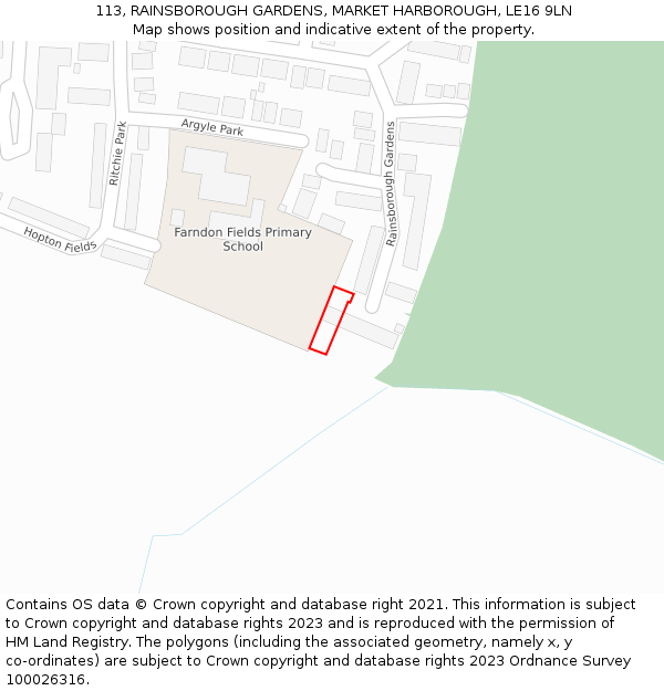 113, RAINSBOROUGH GARDENS, MARKET HARBOROUGH, LE16 9LN: Location map and indicative extent of plot
