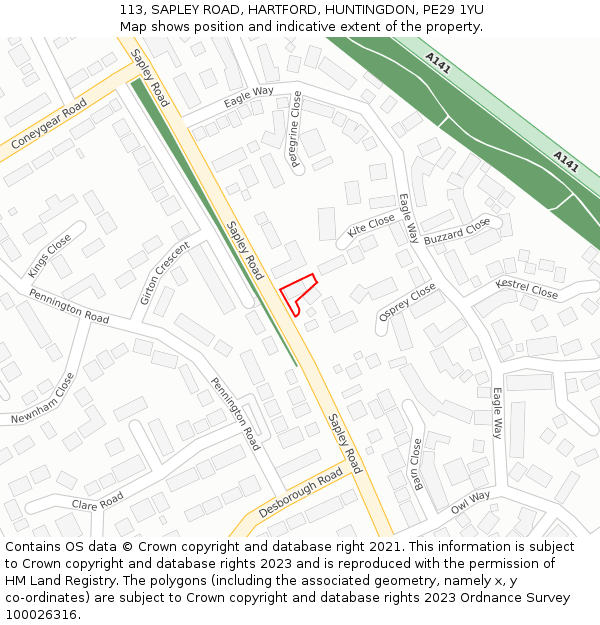 113, SAPLEY ROAD, HARTFORD, HUNTINGDON, PE29 1YU: Location map and indicative extent of plot