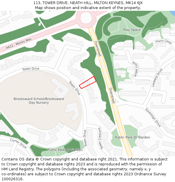 113, TOWER DRIVE, NEATH HILL, MILTON KEYNES, MK14 6JX: Location map and indicative extent of plot