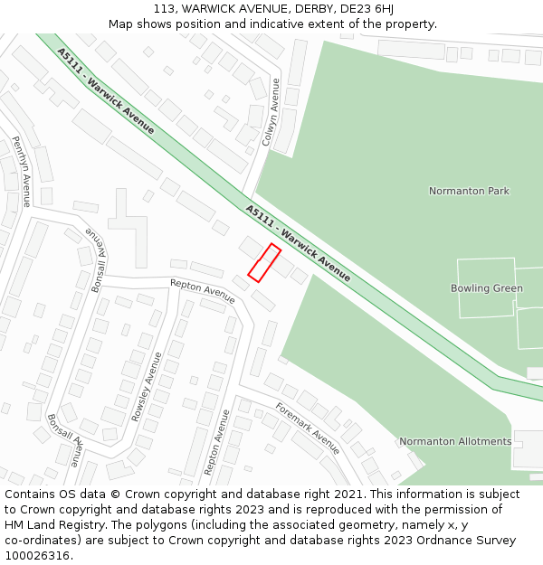 113, WARWICK AVENUE, DERBY, DE23 6HJ: Location map and indicative extent of plot