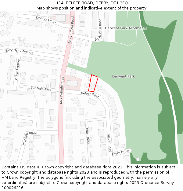 114, BELPER ROAD, DERBY, DE1 3EQ: Location map and indicative extent of plot