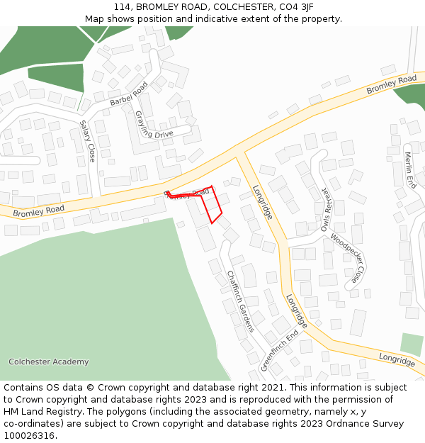 114, BROMLEY ROAD, COLCHESTER, CO4 3JF: Location map and indicative extent of plot