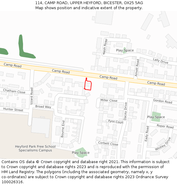 114, CAMP ROAD, UPPER HEYFORD, BICESTER, OX25 5AG: Location map and indicative extent of plot