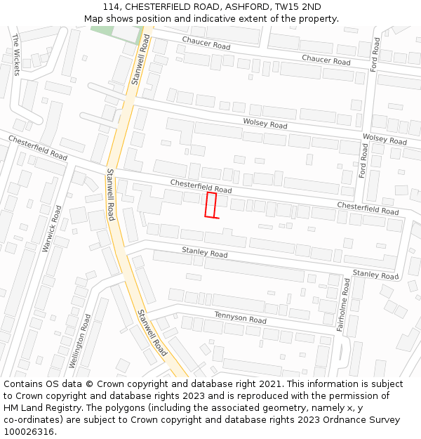 114, CHESTERFIELD ROAD, ASHFORD, TW15 2ND: Location map and indicative extent of plot