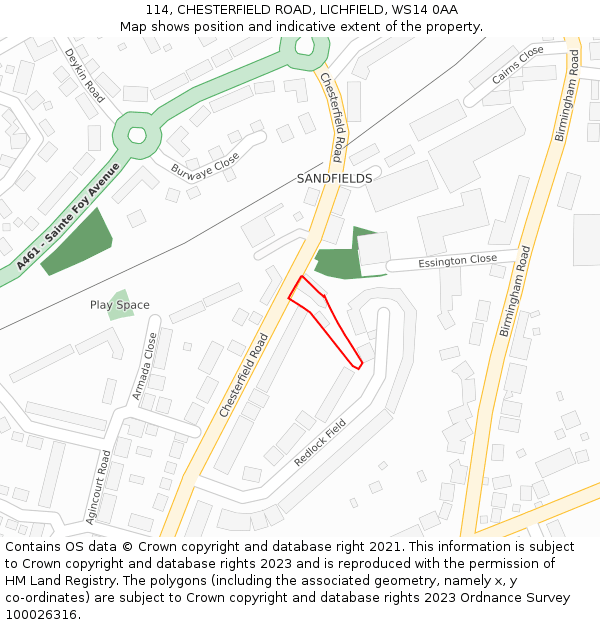 114, CHESTERFIELD ROAD, LICHFIELD, WS14 0AA: Location map and indicative extent of plot