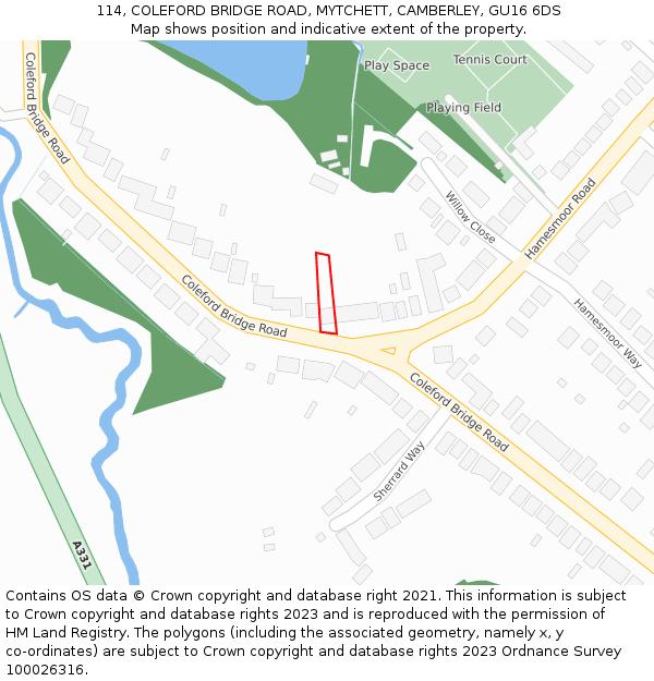 114, COLEFORD BRIDGE ROAD, MYTCHETT, CAMBERLEY, GU16 6DS: Location map and indicative extent of plot