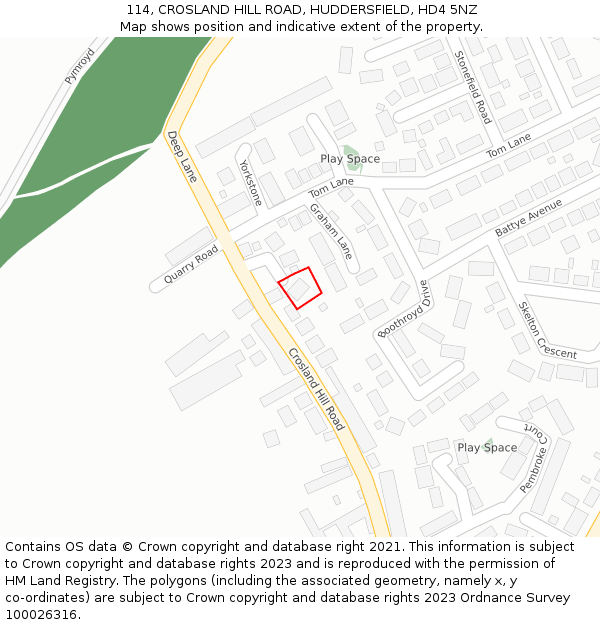 114, CROSLAND HILL ROAD, HUDDERSFIELD, HD4 5NZ: Location map and indicative extent of plot