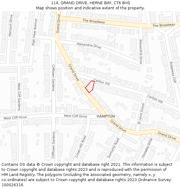 114, GRAND DRIVE, HERNE BAY, CT6 8HS: Location map and indicative extent of plot