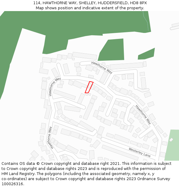 114, HAWTHORNE WAY, SHELLEY, HUDDERSFIELD, HD8 8PX: Location map and indicative extent of plot
