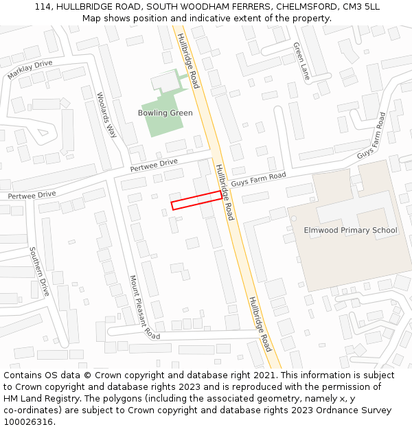114, HULLBRIDGE ROAD, SOUTH WOODHAM FERRERS, CHELMSFORD, CM3 5LL: Location map and indicative extent of plot