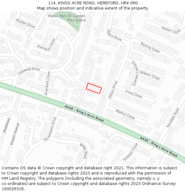 114, KINGS ACRE ROAD, HEREFORD, HR4 0RG: Location map and indicative extent of plot