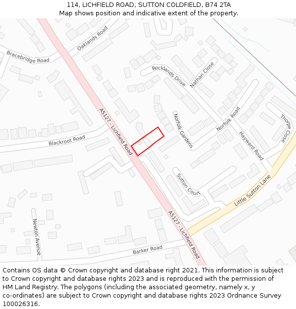 114, LICHFIELD ROAD, SUTTON COLDFIELD, B74 2TA: Location map and indicative extent of plot