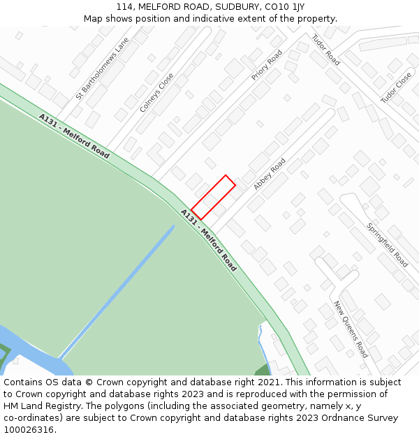 114, MELFORD ROAD, SUDBURY, CO10 1JY: Location map and indicative extent of plot