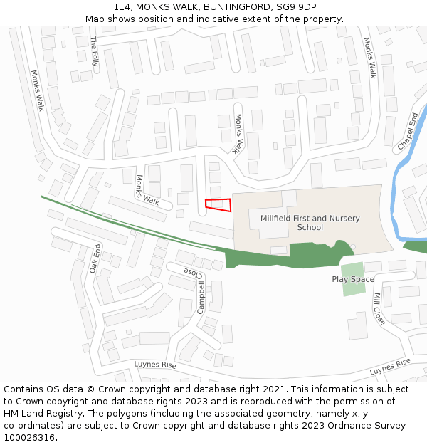 114, MONKS WALK, BUNTINGFORD, SG9 9DP: Location map and indicative extent of plot