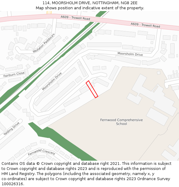 114, MOORSHOLM DRIVE, NOTTINGHAM, NG8 2EE: Location map and indicative extent of plot