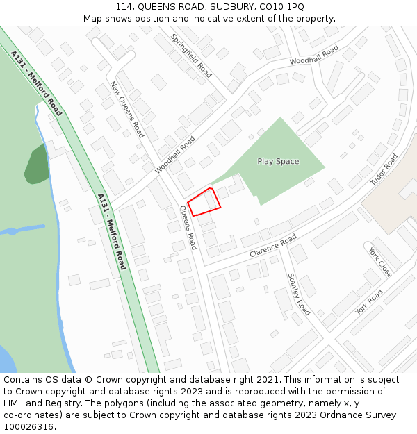 114, QUEENS ROAD, SUDBURY, CO10 1PQ: Location map and indicative extent of plot