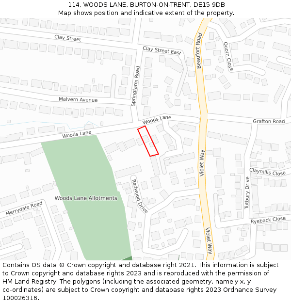 114, WOODS LANE, BURTON-ON-TRENT, DE15 9DB: Location map and indicative extent of plot