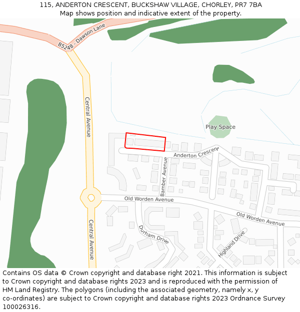 115, ANDERTON CRESCENT, BUCKSHAW VILLAGE, CHORLEY, PR7 7BA: Location map and indicative extent of plot