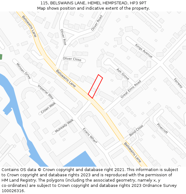115, BELSWAINS LANE, HEMEL HEMPSTEAD, HP3 9PT: Location map and indicative extent of plot