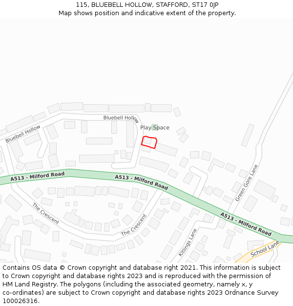 115, BLUEBELL HOLLOW, STAFFORD, ST17 0JP: Location map and indicative extent of plot