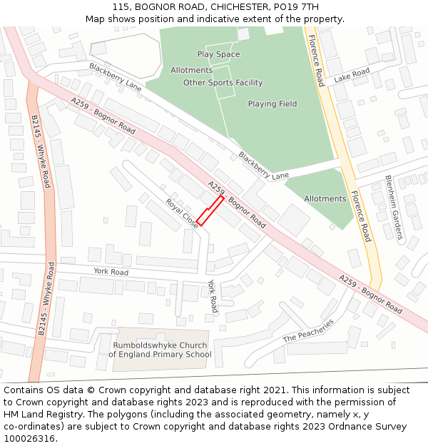 115, BOGNOR ROAD, CHICHESTER, PO19 7TH: Location map and indicative extent of plot