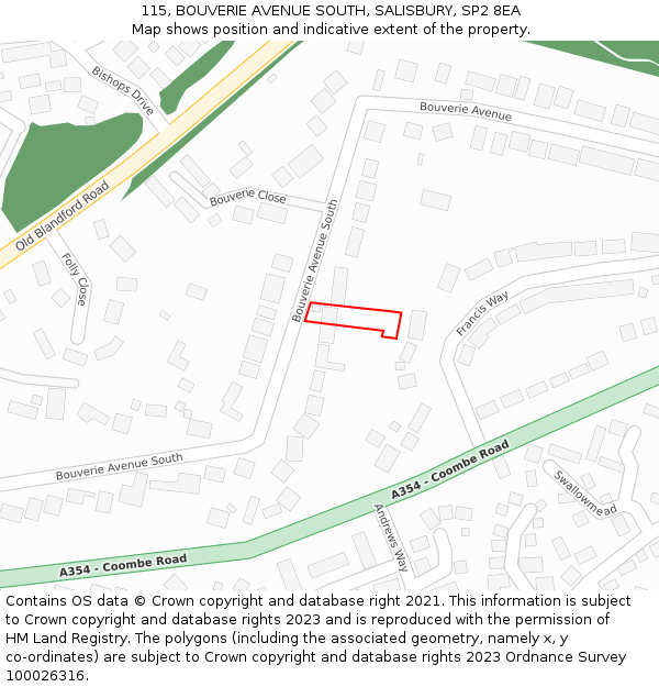 115, BOUVERIE AVENUE SOUTH, SALISBURY, SP2 8EA: Location map and indicative extent of plot