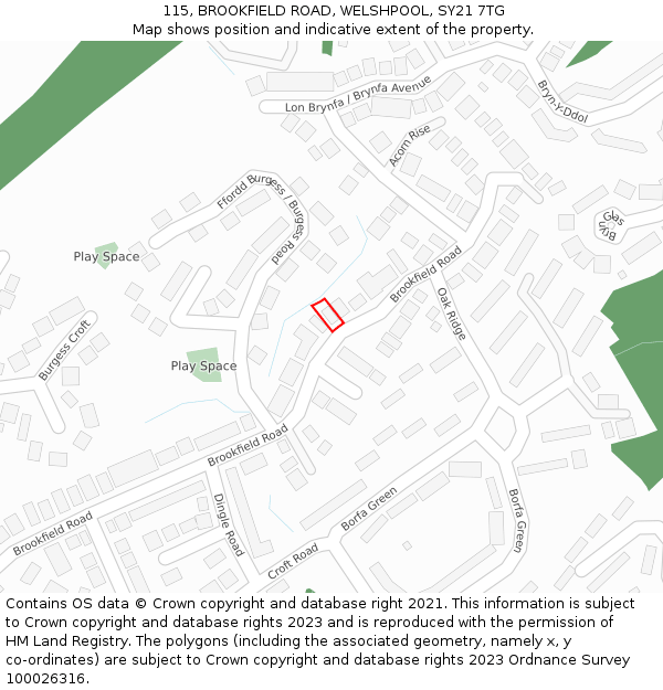 115, BROOKFIELD ROAD, WELSHPOOL, SY21 7TG: Location map and indicative extent of plot