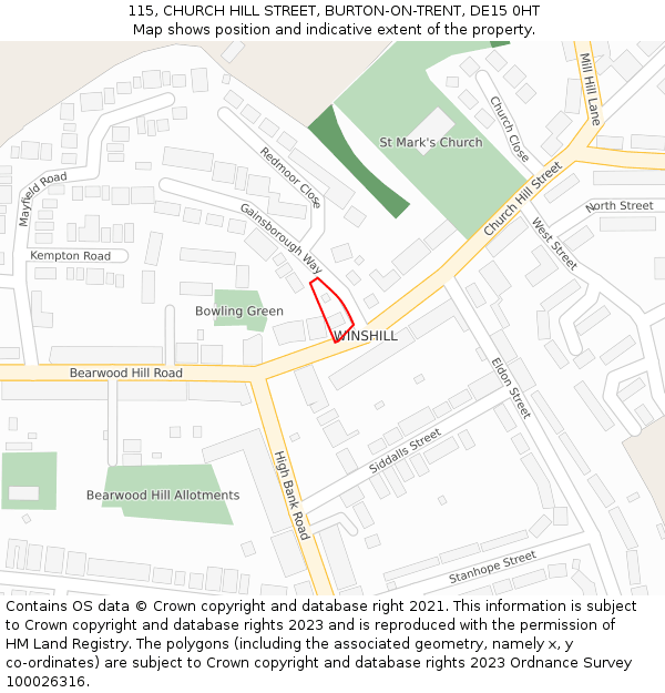 115, CHURCH HILL STREET, BURTON-ON-TRENT, DE15 0HT: Location map and indicative extent of plot