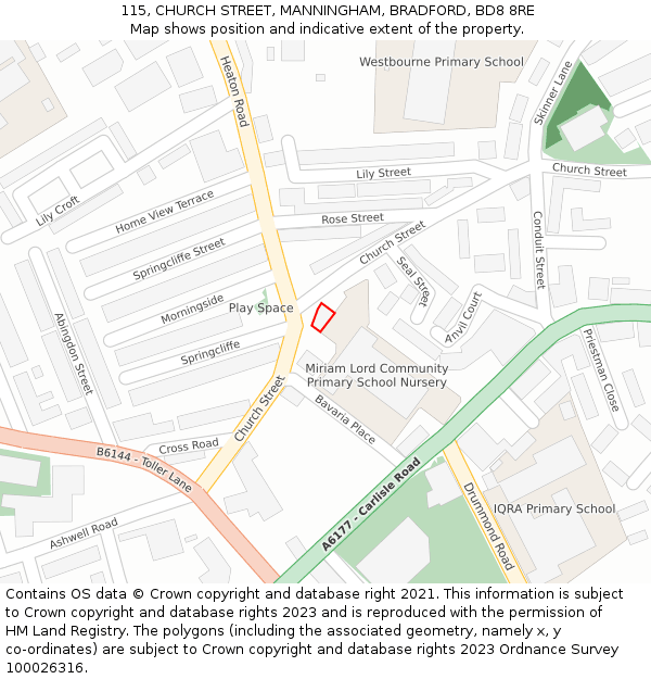 115, CHURCH STREET, MANNINGHAM, BRADFORD, BD8 8RE: Location map and indicative extent of plot