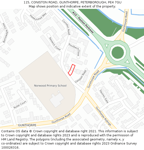 115, CONISTON ROAD, GUNTHORPE, PETERBOROUGH, PE4 7GU: Location map and indicative extent of plot