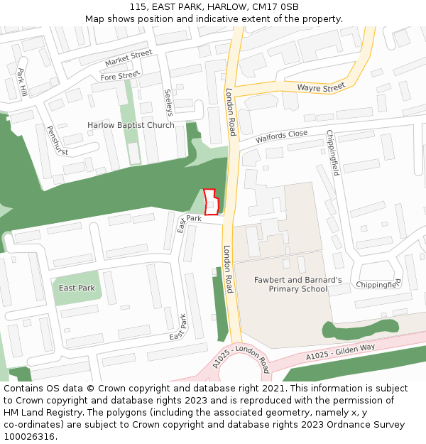 115, EAST PARK, HARLOW, CM17 0SB: Location map and indicative extent of plot