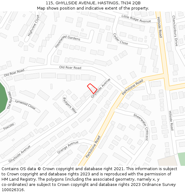 115, GHYLLSIDE AVENUE, HASTINGS, TN34 2QB: Location map and indicative extent of plot