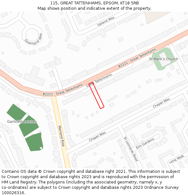 115, GREAT TATTENHAMS, EPSOM, KT18 5RB: Location map and indicative extent of plot