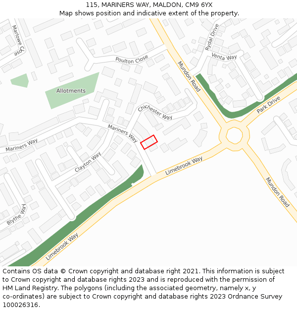 115, MARINERS WAY, MALDON, CM9 6YX: Location map and indicative extent of plot