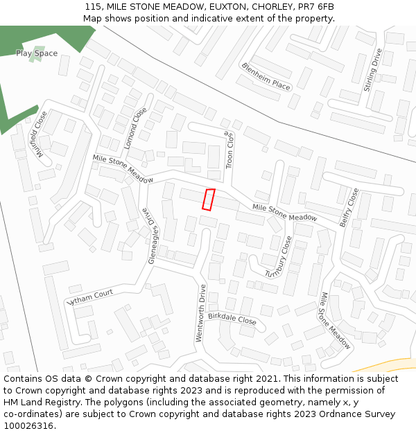 115, MILE STONE MEADOW, EUXTON, CHORLEY, PR7 6FB: Location map and indicative extent of plot