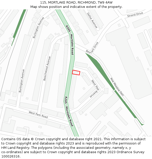 115, MORTLAKE ROAD, RICHMOND, TW9 4AW: Location map and indicative extent of plot