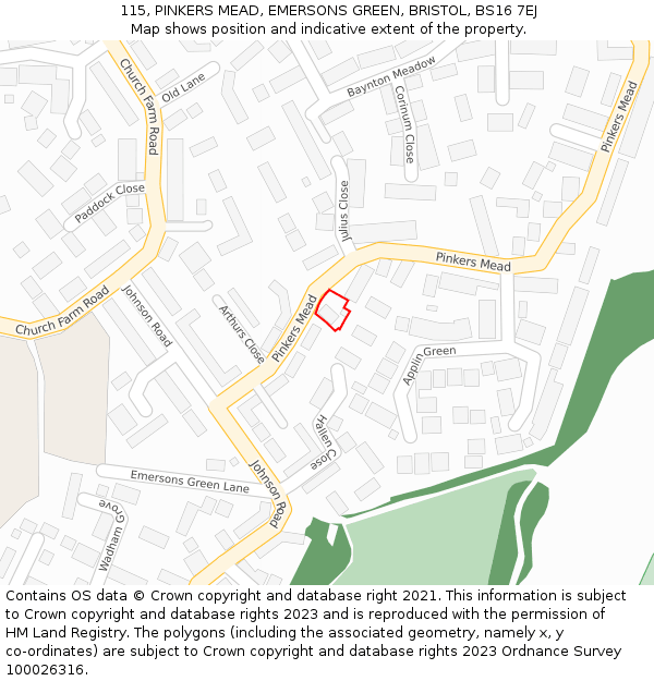 115, PINKERS MEAD, EMERSONS GREEN, BRISTOL, BS16 7EJ: Location map and indicative extent of plot