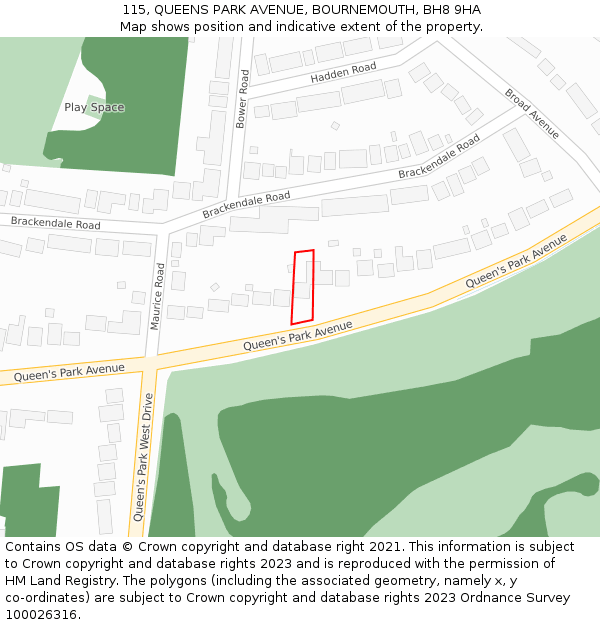 115, QUEENS PARK AVENUE, BOURNEMOUTH, BH8 9HA: Location map and indicative extent of plot