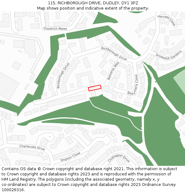 115, RICHBOROUGH DRIVE, DUDLEY, DY1 3PZ: Location map and indicative extent of plot
