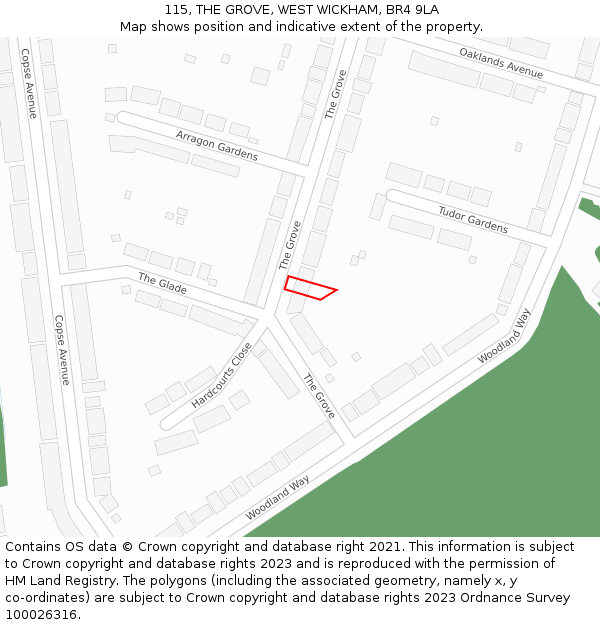 115, THE GROVE, WEST WICKHAM, BR4 9LA: Location map and indicative extent of plot